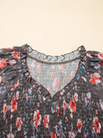 Frilly Smocked Bodice Floral Mesh Long Sleeve Mini Dress