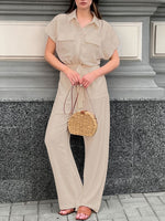 Chest Pocket Short Sleeve Wide Leg Jumpsuit