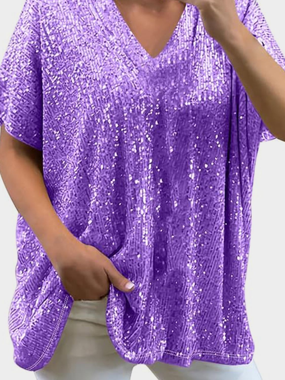 Full Size Sequin V-Neck Short Sleeve Top - Ladyez