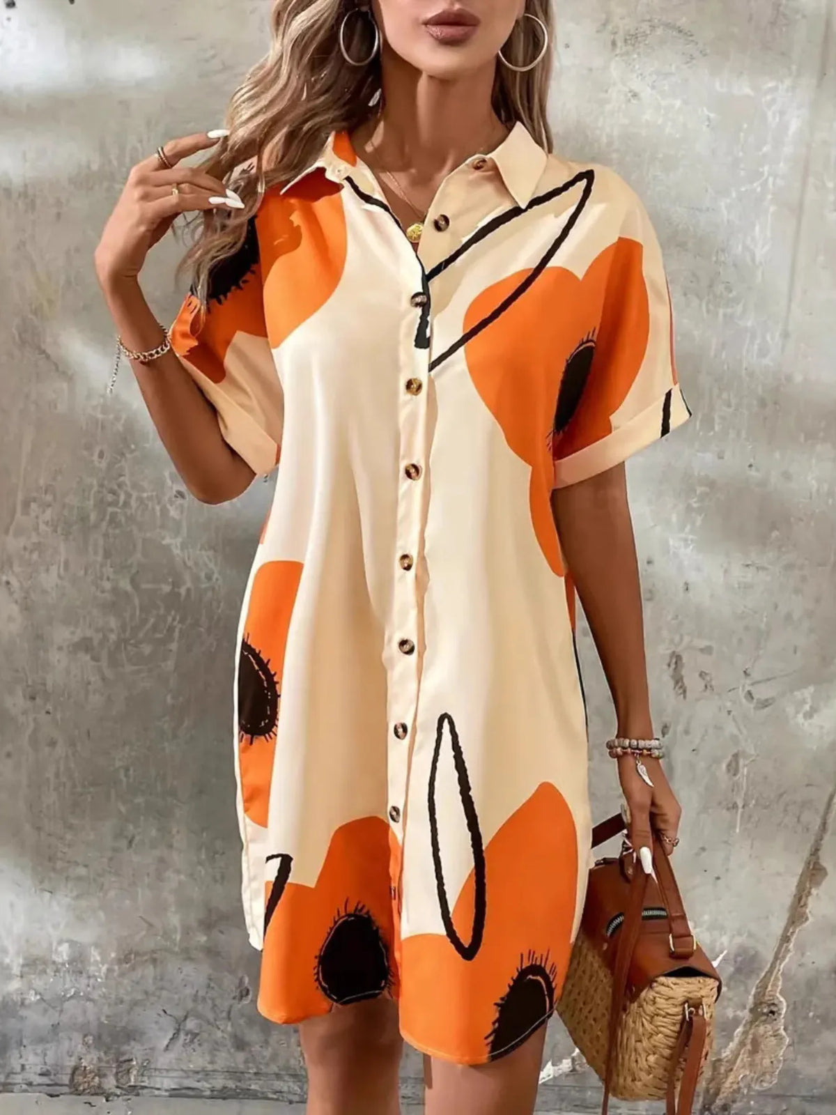 Printed Button-Front Shirt Dress - Ladyez
