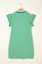 Stripe Print Contrast Collar Split Neck Flutter Sleeve Dress