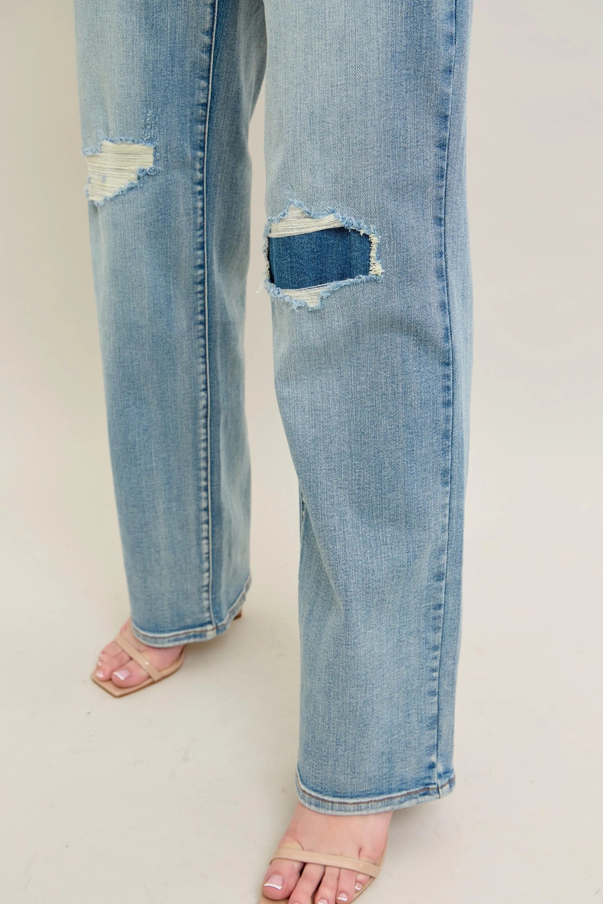 Judy Blue Full Size Hw Destroy & Knee Patch Straight Jeans Plus Size - Ladyez