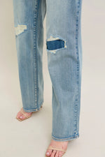 Judy Blue Full Size Hw Destroy & Knee Patch Straight Jeans Plus Size - Ladyez