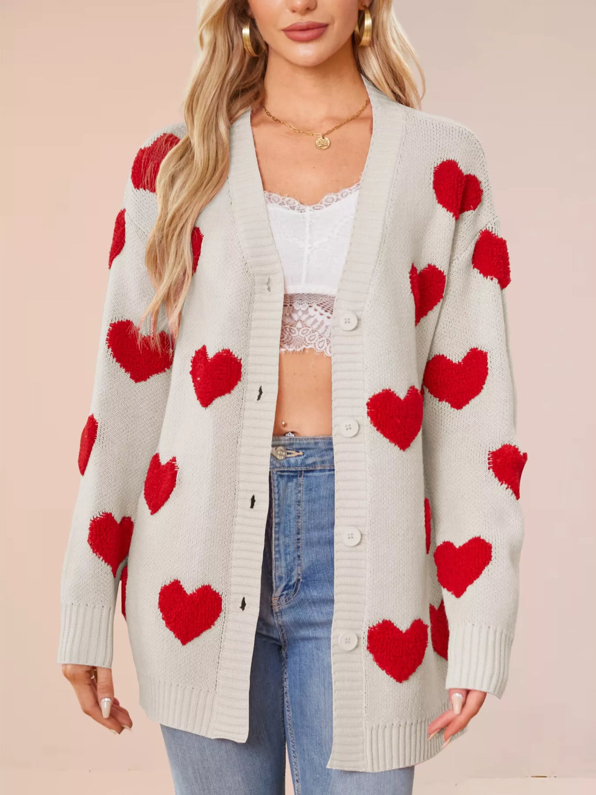 Heart Pattern Knit Button-Up Cardigan