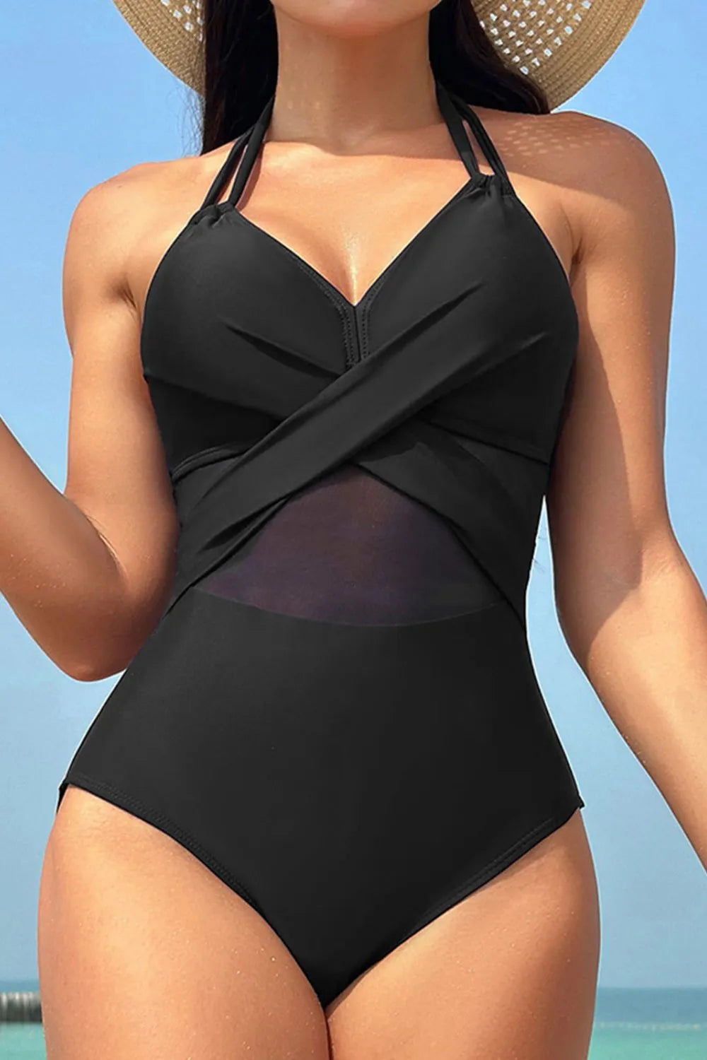 Crisscross Halter Neck One-Piece Swimwear - Ladyez