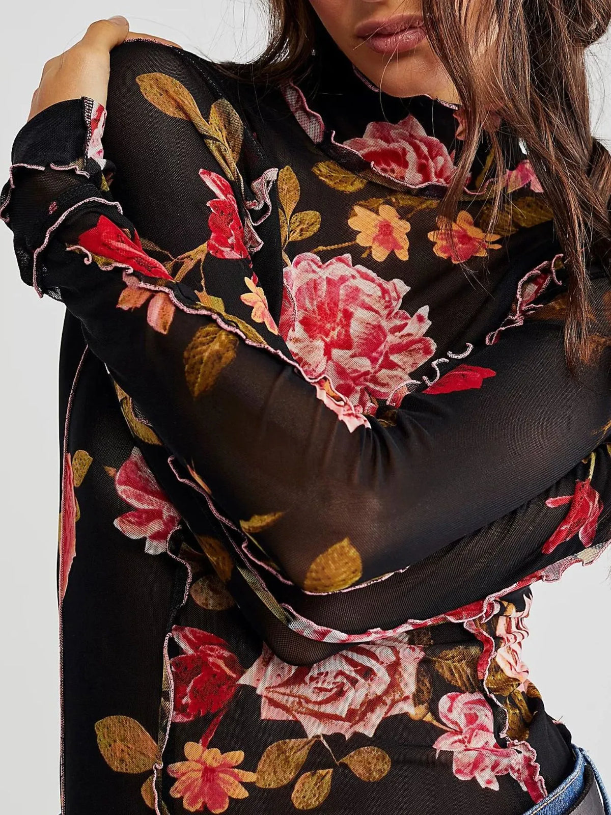 Floral Print Mock Neck Long Sleeve Top - Ladyez
