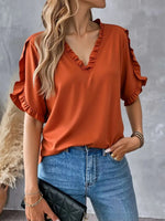 Ruffled V-Neck Short Sleeve Blouse - Ladyez