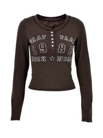Letter Graphic Button Detail Long Sleeve T-Shirt