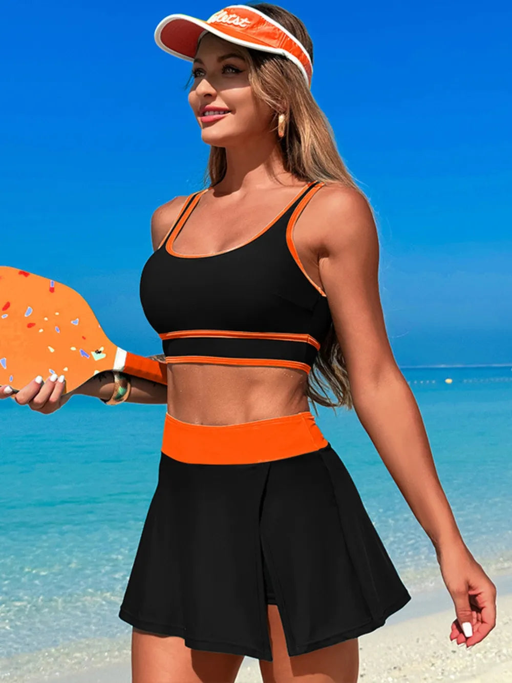 Scoop Neck Top and Skort Swim Set - Ladyez