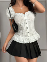 Eyelet Lace Short Sleeve Blouse - Ladyez