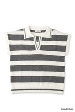 Zenana Striped Collared Short Sleeve Sweater