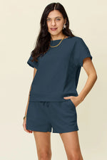 Double Take Full Size Texture Short Sleeve T-Shirt and Drawstring Shorts Set - Ladyez