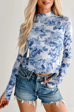 Floral Print Long Sleeve Stand Neck Mesh Top