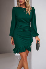 Devine Ruched Ruffled Balloon Sleeve Mini Dress - Ladyez