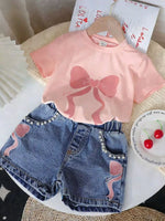 Children's Bowknot T-shirt and Denim Shorts Set