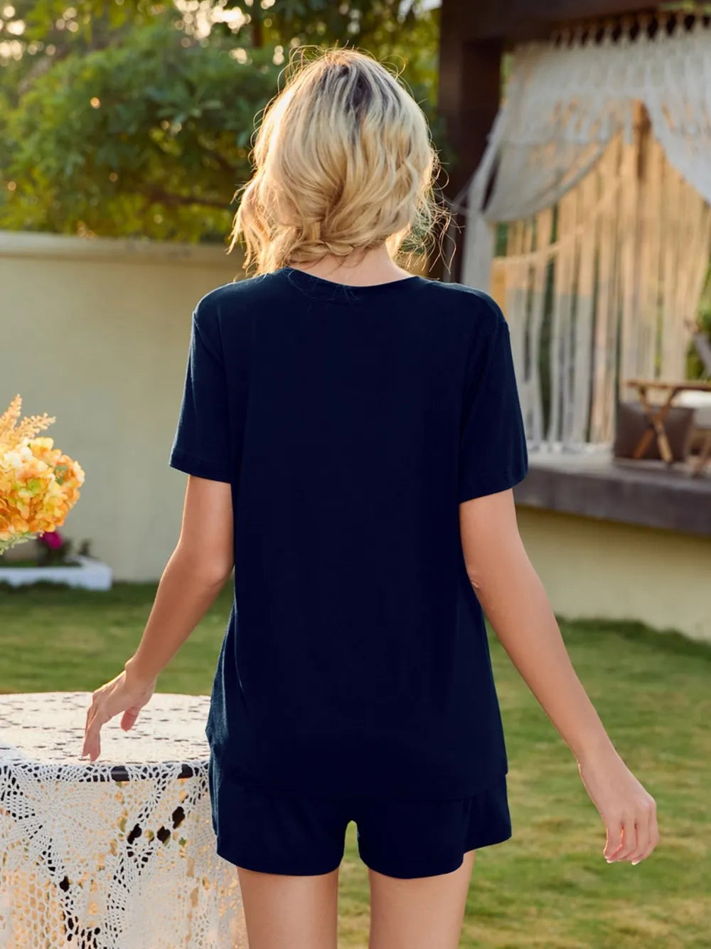 V-Neck Short Sleeve Top and Pocketed Shorts Lounge Set - Ladyez