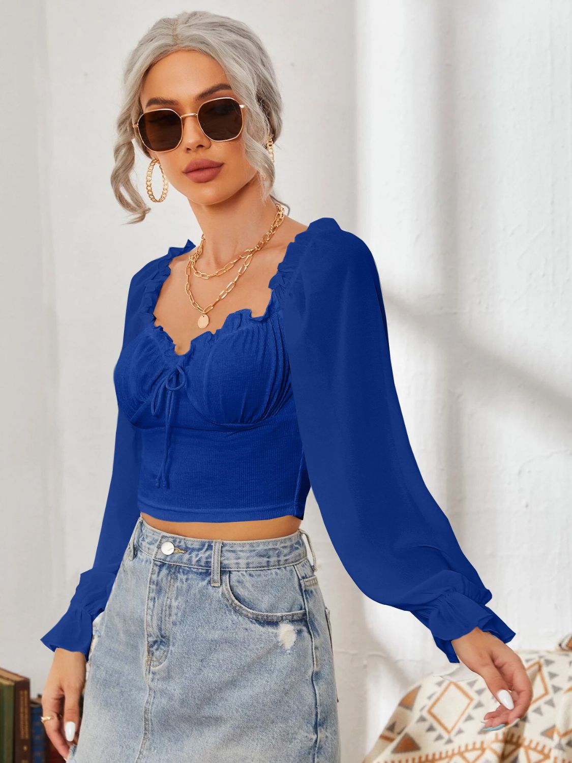Mesh Sweetheart Neck Flounce Sleeve Top - Ladyez