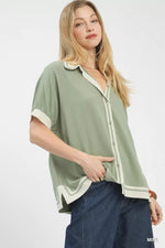 Umgee Linen Button Front Top with Contrast Piping