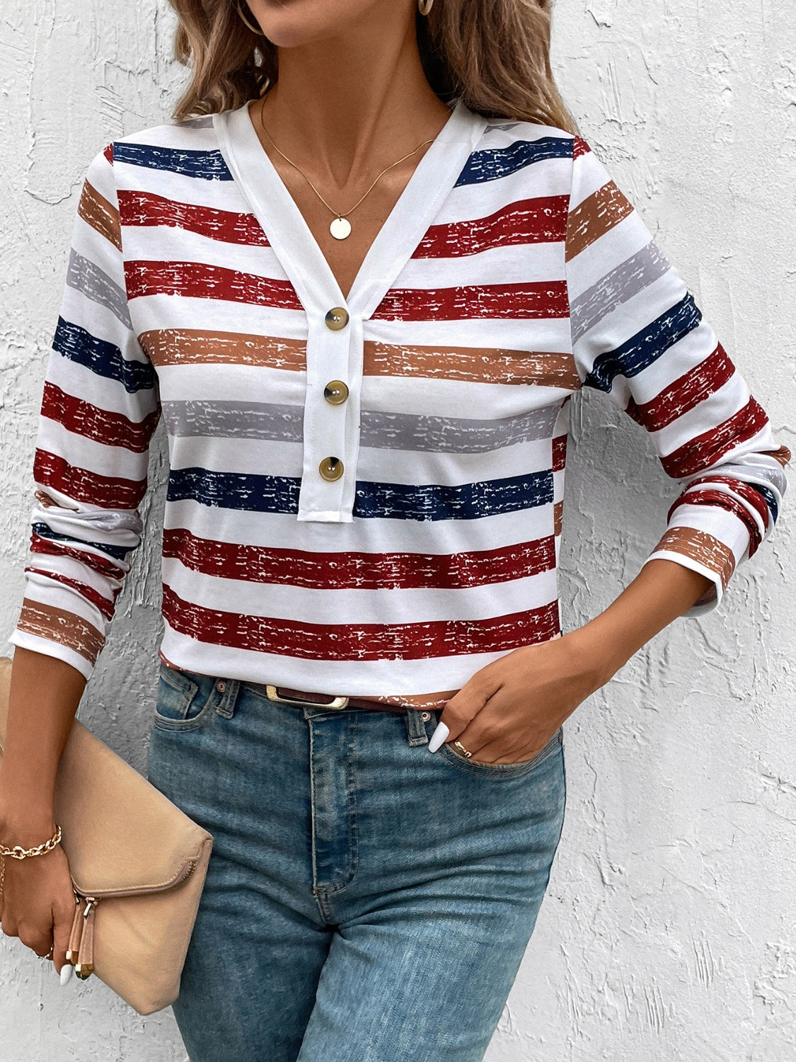 Contrast Striped V-Neck Long Sleeve T-Shirt - Ladyez