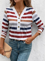 Contrast Striped V-Neck Long Sleeve T-Shirt - Ladyez