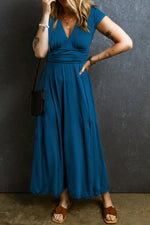Smocked V-Neck Cap Sleeve Dress - Ladyez
