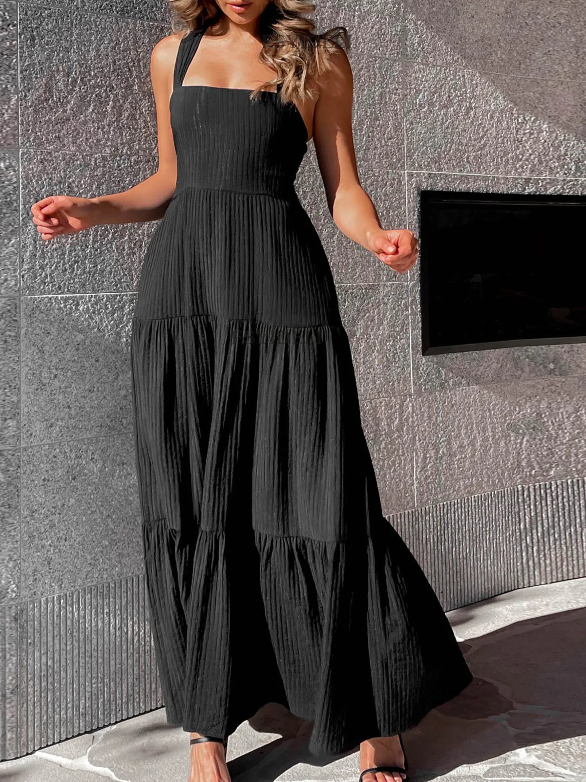 Square Neck Tiered Maxi Dress - Ladyez