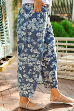 Dainty Floral Printed Drawstring Barrel Jeans