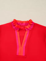 Striped Trim Ruffle Split Neck Long Sleeve Blouse