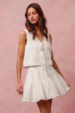 SO ME Floral Eyelet Lace Tie Front Vest Top and Tiered Mini Skirt Set