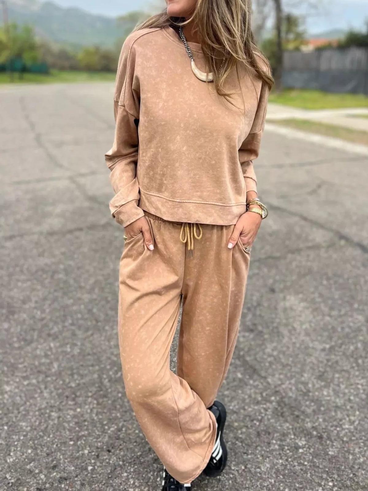Full Size Washed Round Neck Top and Drawstring Pants Set Plus Size