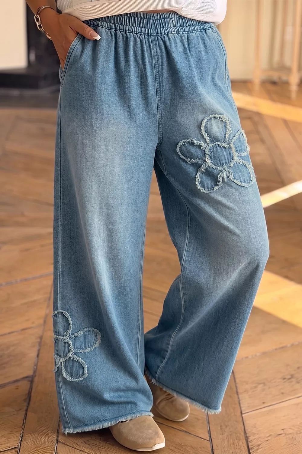 Frayed Floral Patch Wide Leg Raw Hem Wide Leg Jeans