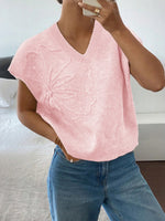 Ribbed Hem V-Neck Short Sleeve Sweater
