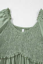 Short Sleeve Shirred Waist V-Neck Textured Mini Dress
