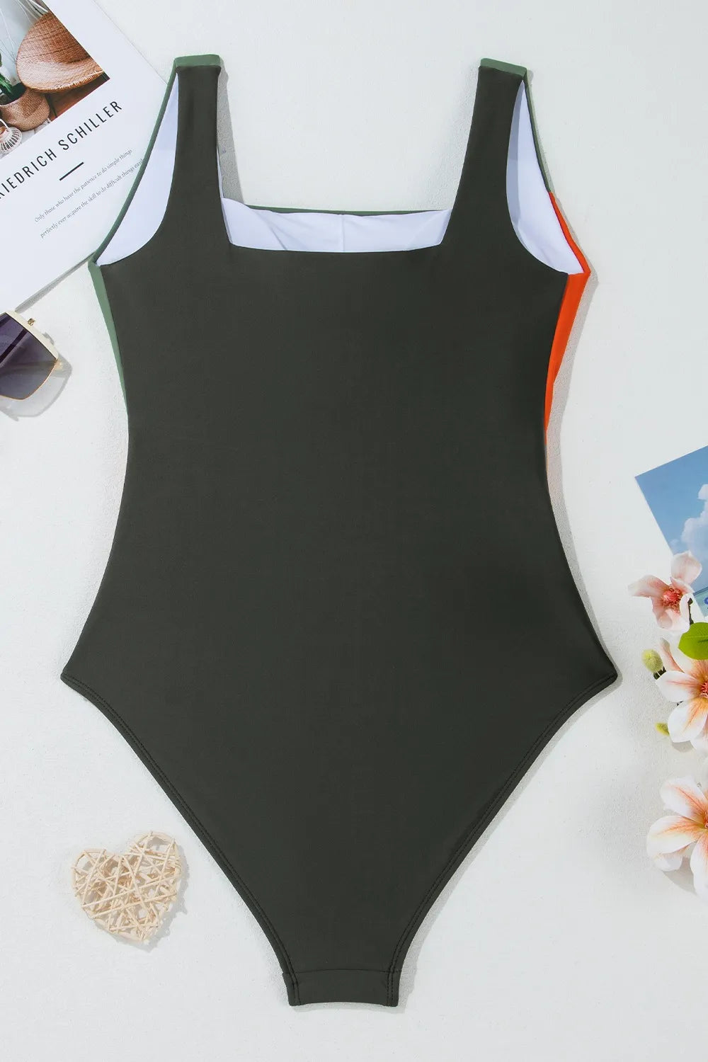 Color Block Padded Square Neck One Piece Swimsuit - Ladyez