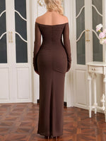 Off-Shoulder Ruched Mesh Long Sleeve Maxi Dress