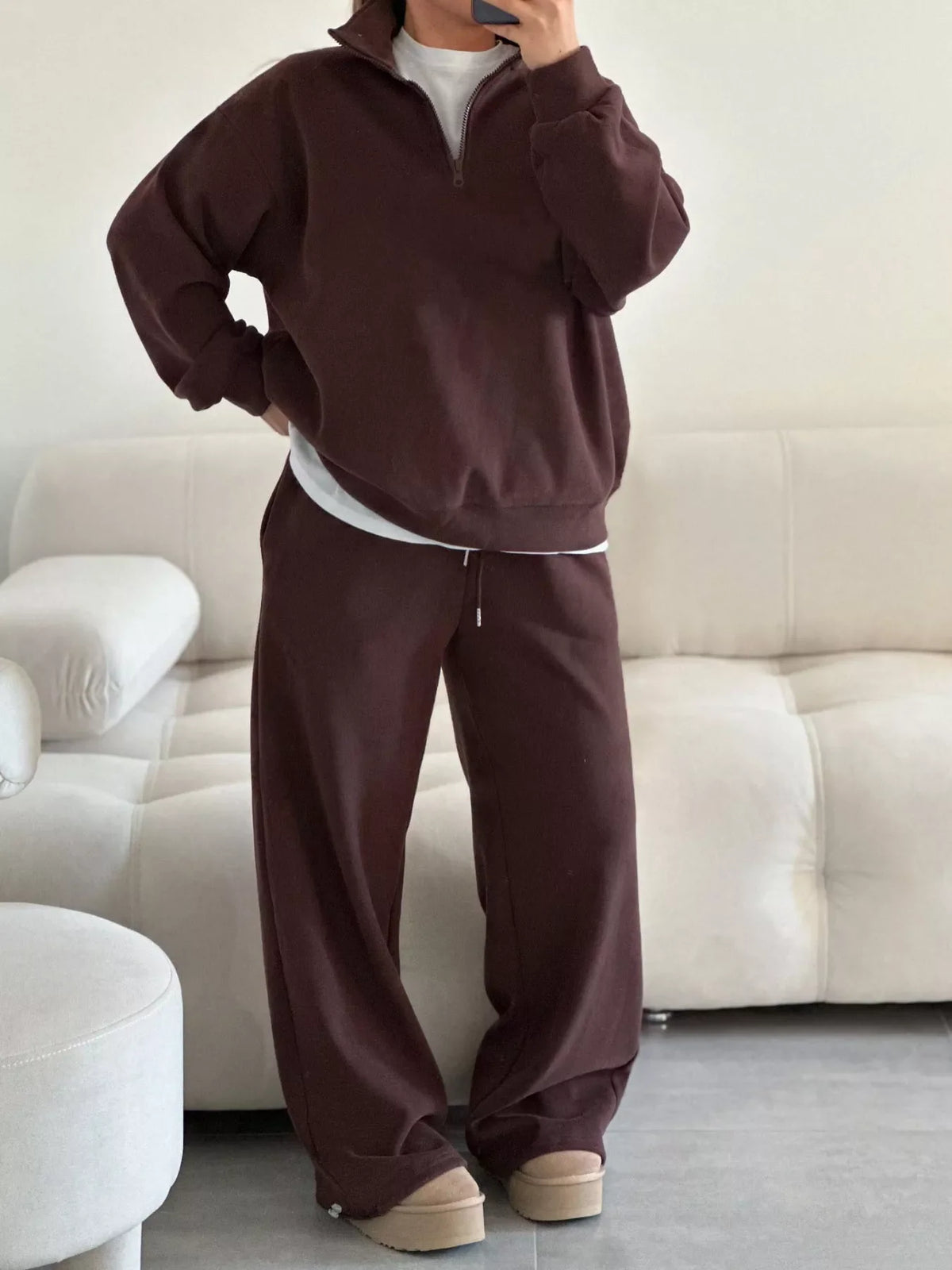 Quarter-Zip Top and Wide-Leg Sweatpants Set