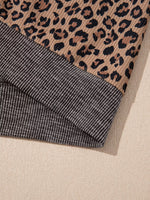 Ribbed Leopard Print Contrast Collar Zip Hoodie