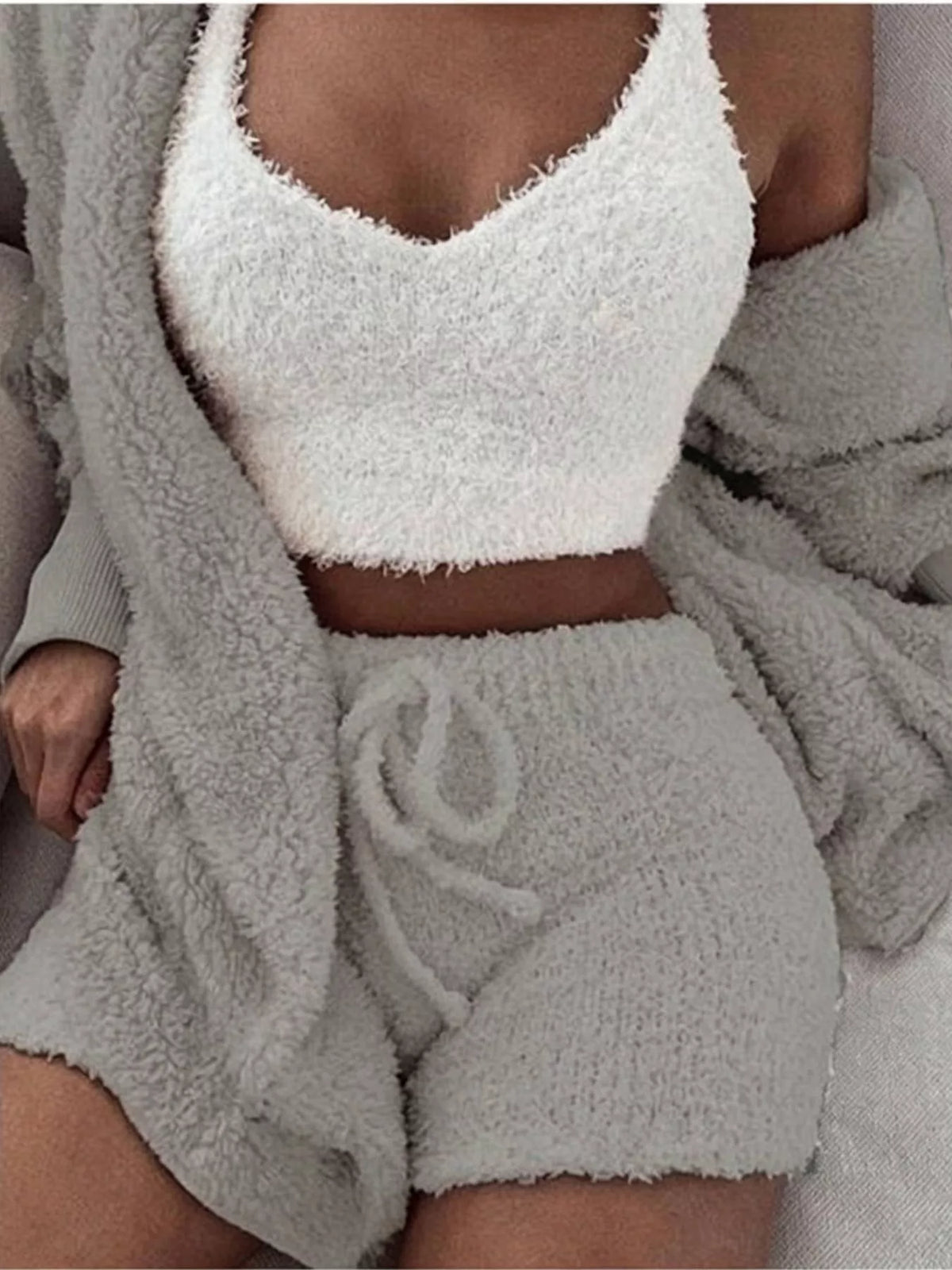 Full Size 3-Piece Fuzzy Plush Cardigan and Shorts Lounge Set with Crop Top Plus Size