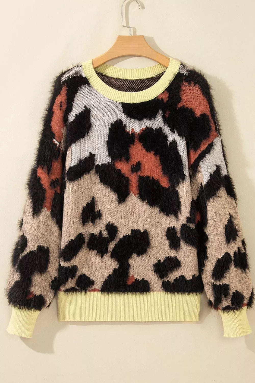Leopard Print Drop Shoulder Long Sleeve Round Neck Sweater