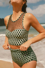 Dotted Mesh Plaid Patchwork High Waisted Swim Set - Ladyez