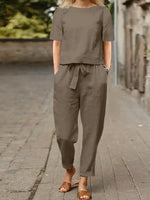 Full Size Round Neck Short Sleeve Top and Pants Set Plus Size