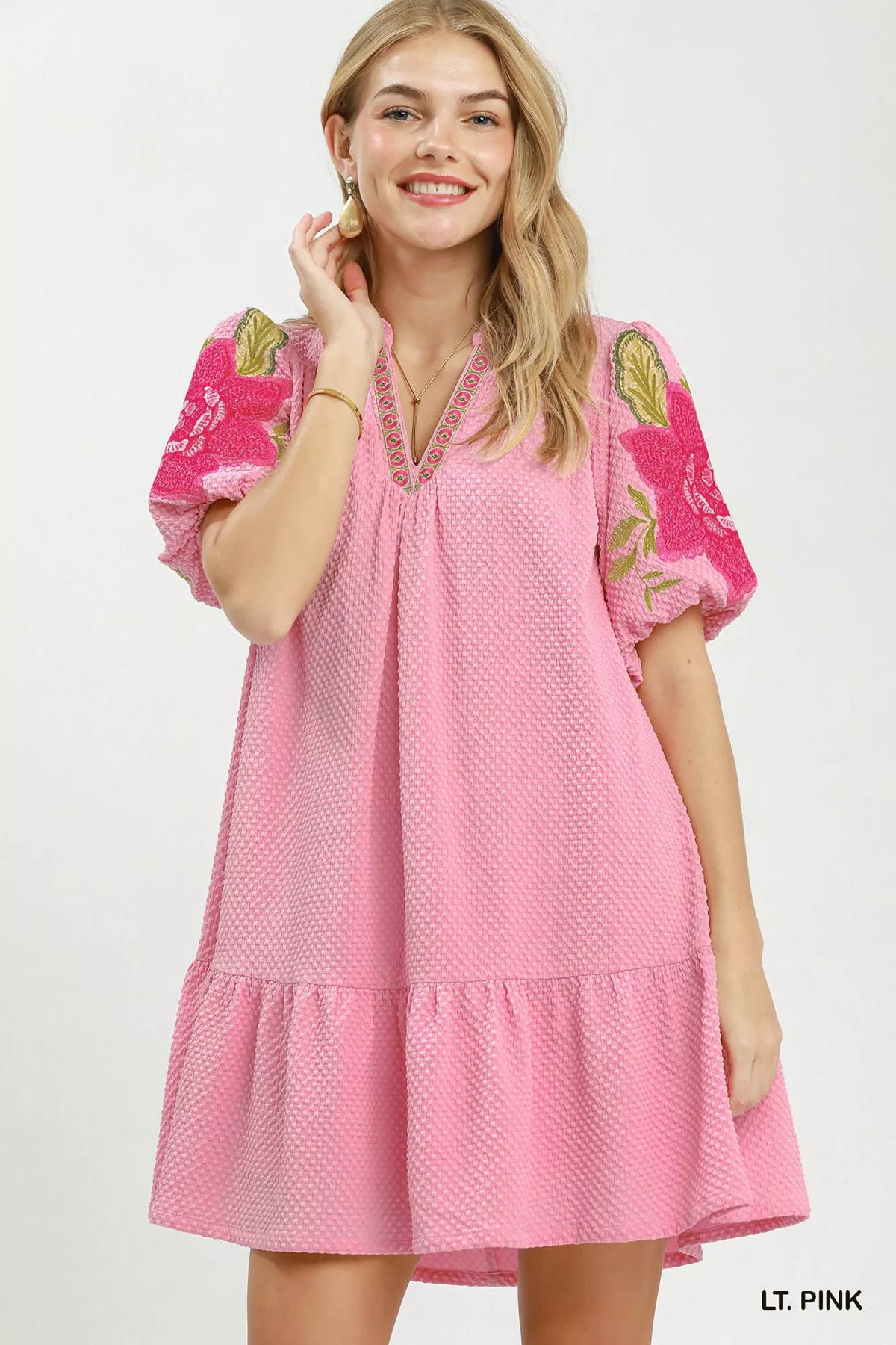 Umgee Floral Embroidered Textured Jacquard Dress