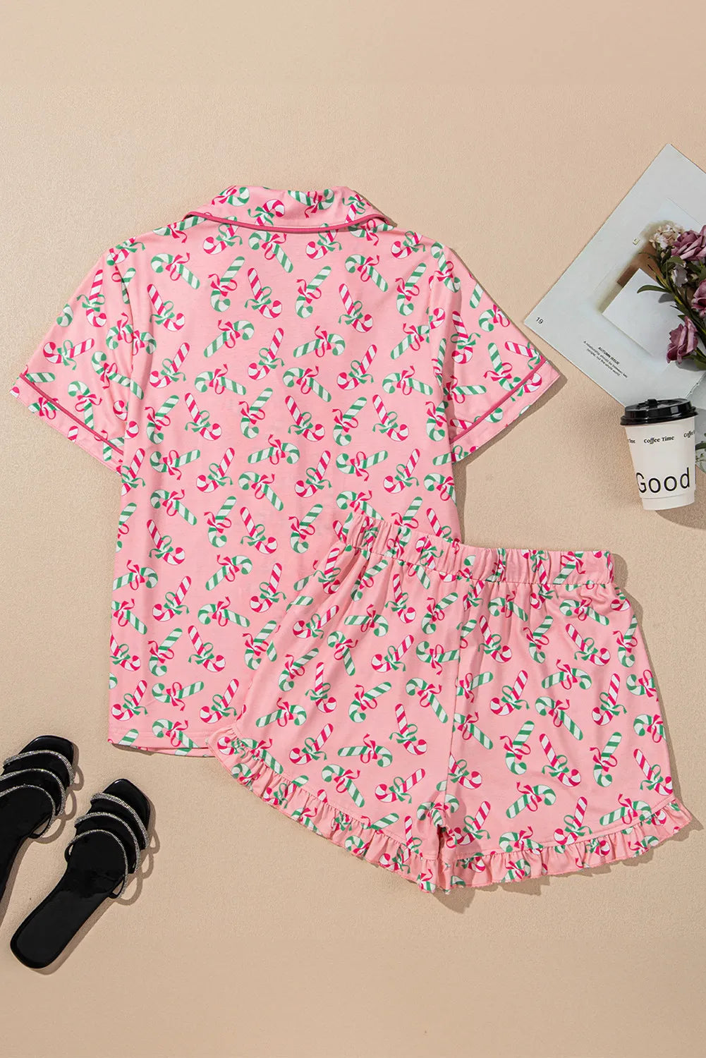 Candy Cane Collared Neck Top and Shorts Lounge Set - Ladyez
