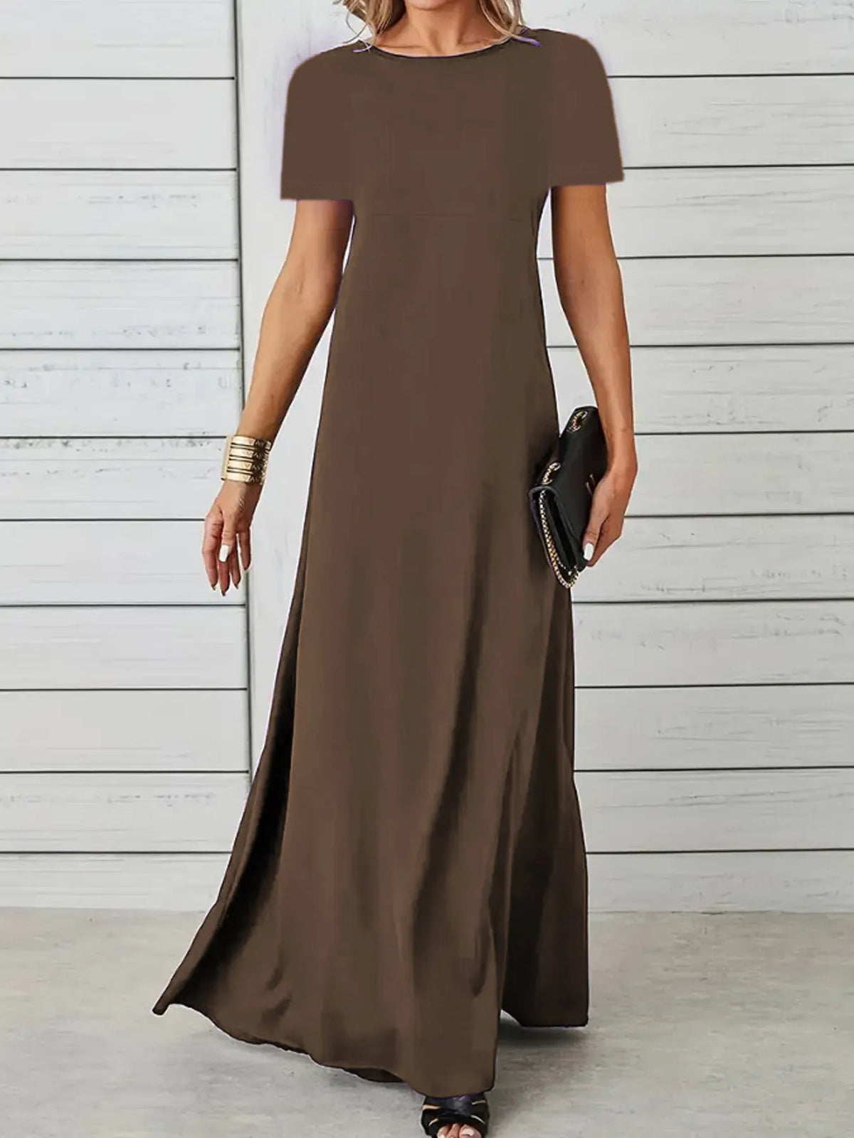 Full Size Round Neck Short Sleeve A-Line Maxi Dress Plus Size - Ladyez