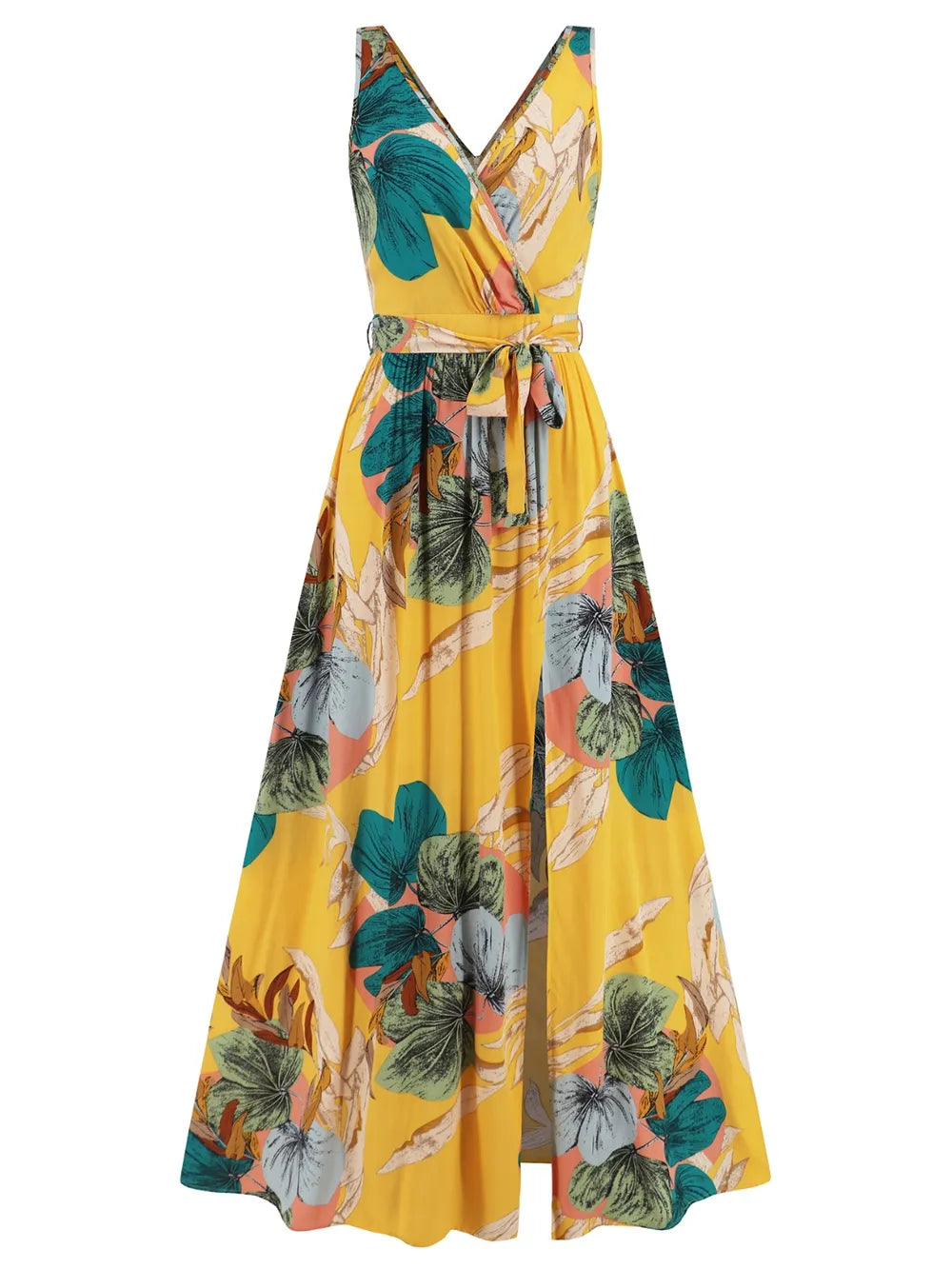 Slit Tied Printed Surplice Dress - Ladyez