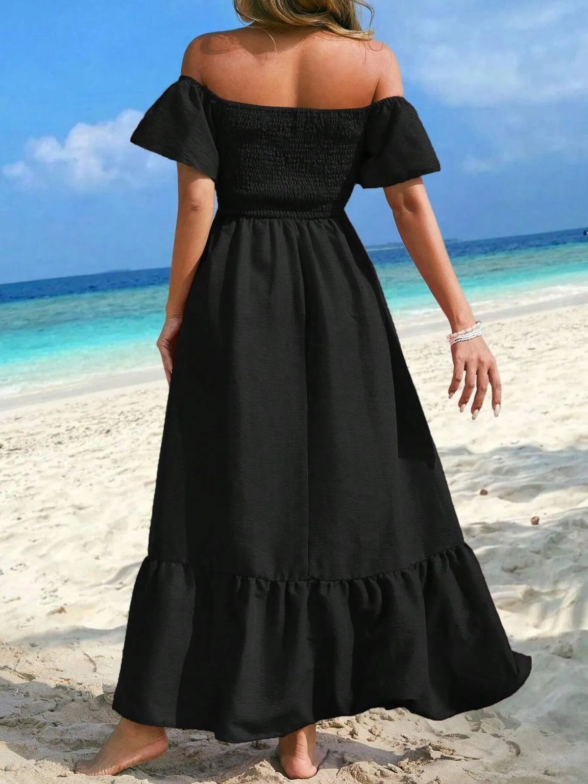Off-Shoulder Smocked Maxi Dress with Ruffle Hem - Ladyez