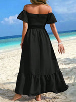 Off-Shoulder Smocked Maxi Dress with Ruffle Hem - Ladyez