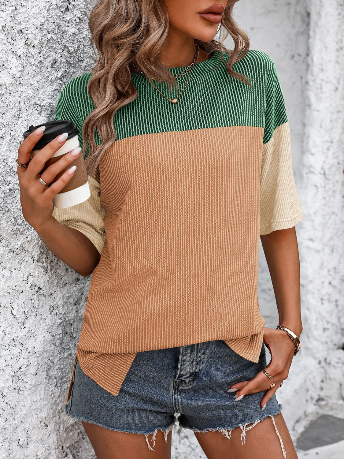 Mandy Color Block Round Neck Half Sleeve T-Shirt - Ladyez