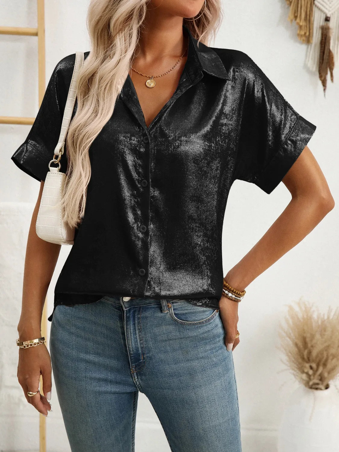 Button Up Short Sleeve Shirt - Ladyez