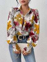 Printed Button Up Lantern Sleeve Shirt